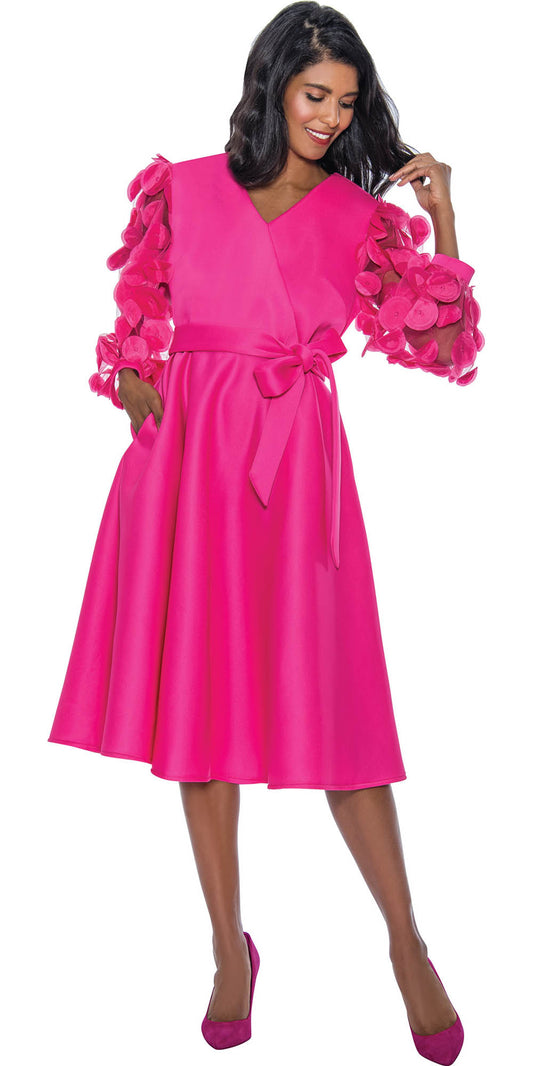 Nubiano Dresses DN921 - Hot Pink Petal Mesh Sleeve Dress with Sash Belt
