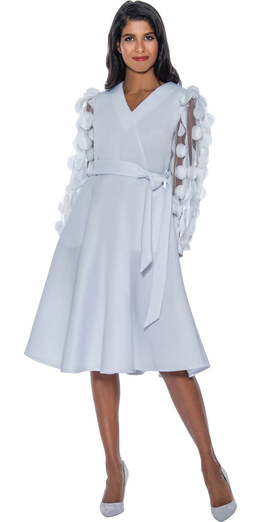 Nubiano Dresses DN921 - White Petal Mesh Sleeve Dress with Sash Belt