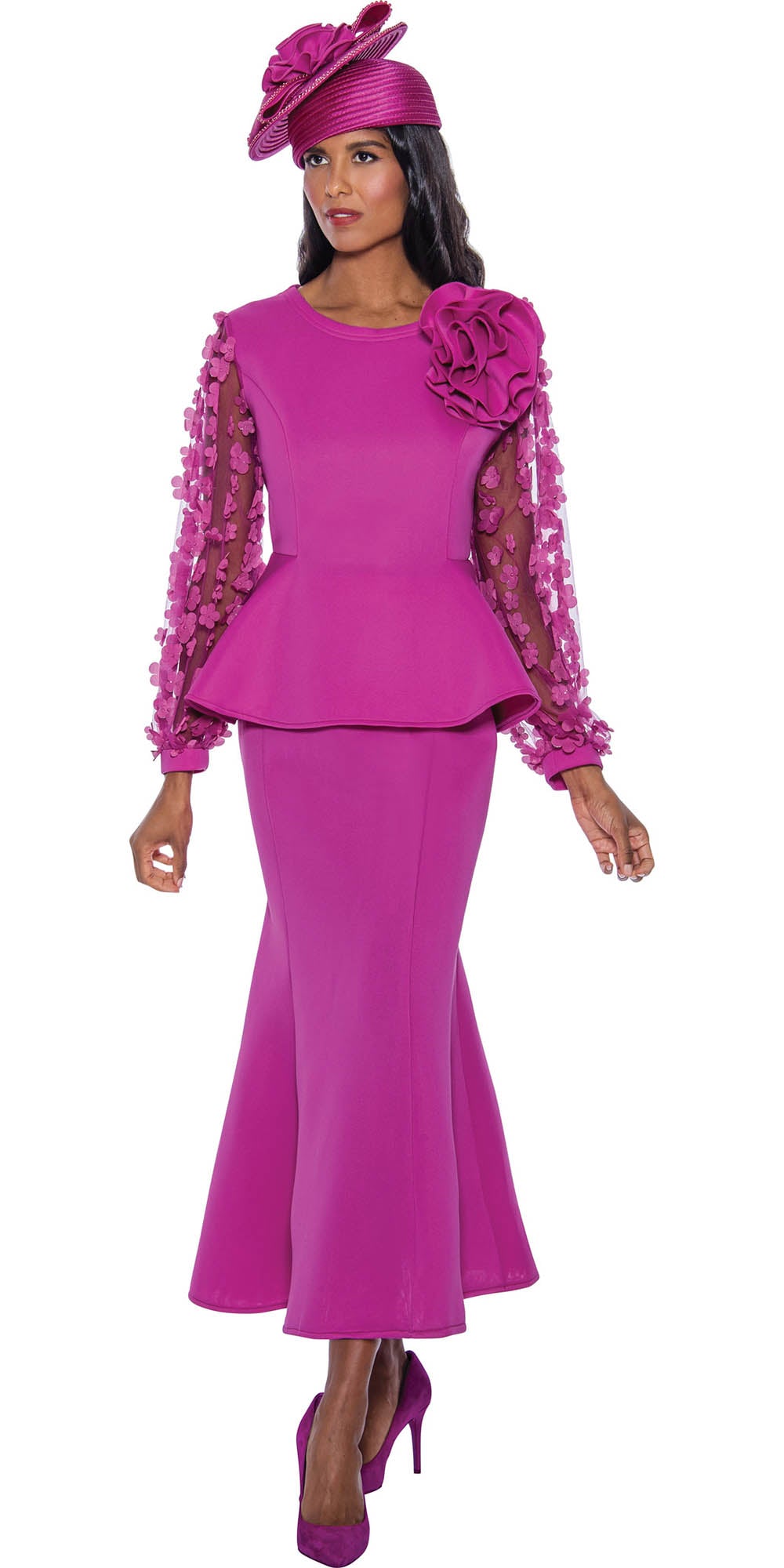 Stellar Looks - SL1552 - 2 PC Amethyst Purple Scuba Skirt Suit With Mesh Petal Sleeves