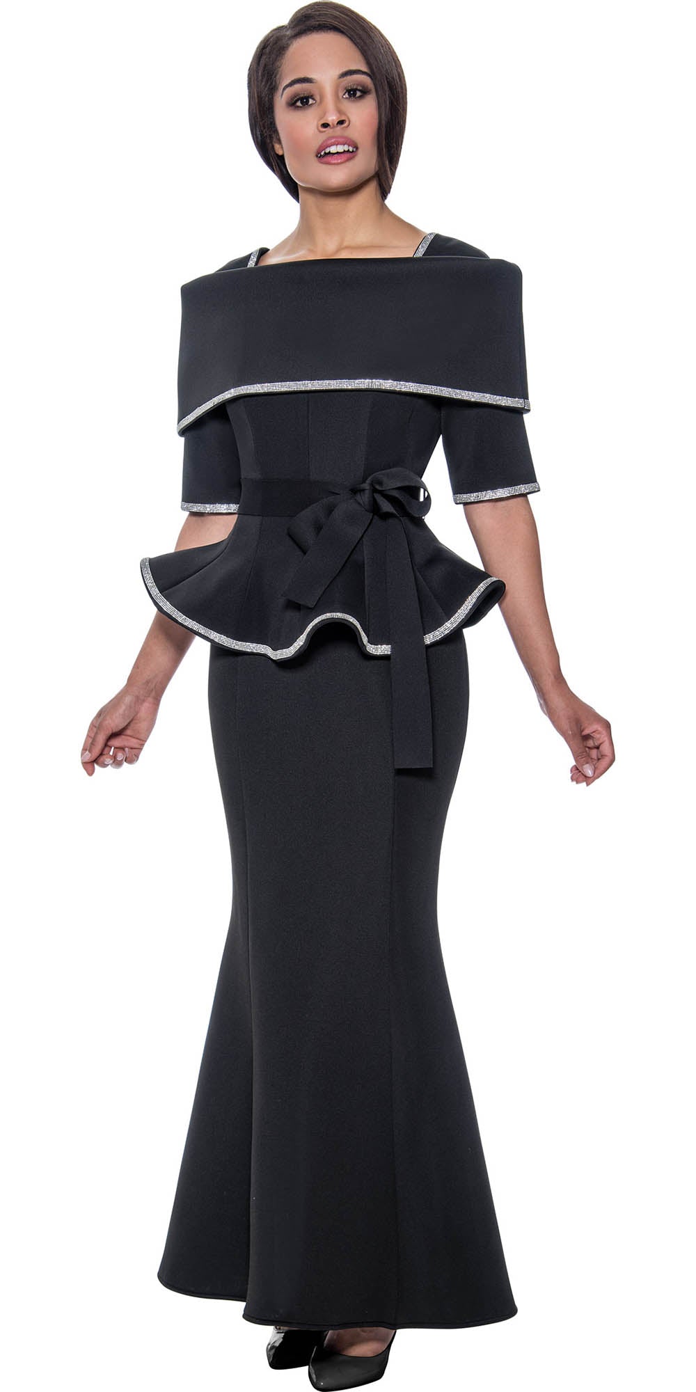Stellar Looks - SL1692 - 2 PC Black Peplum Portrait Collar Scuba Skirt Suit