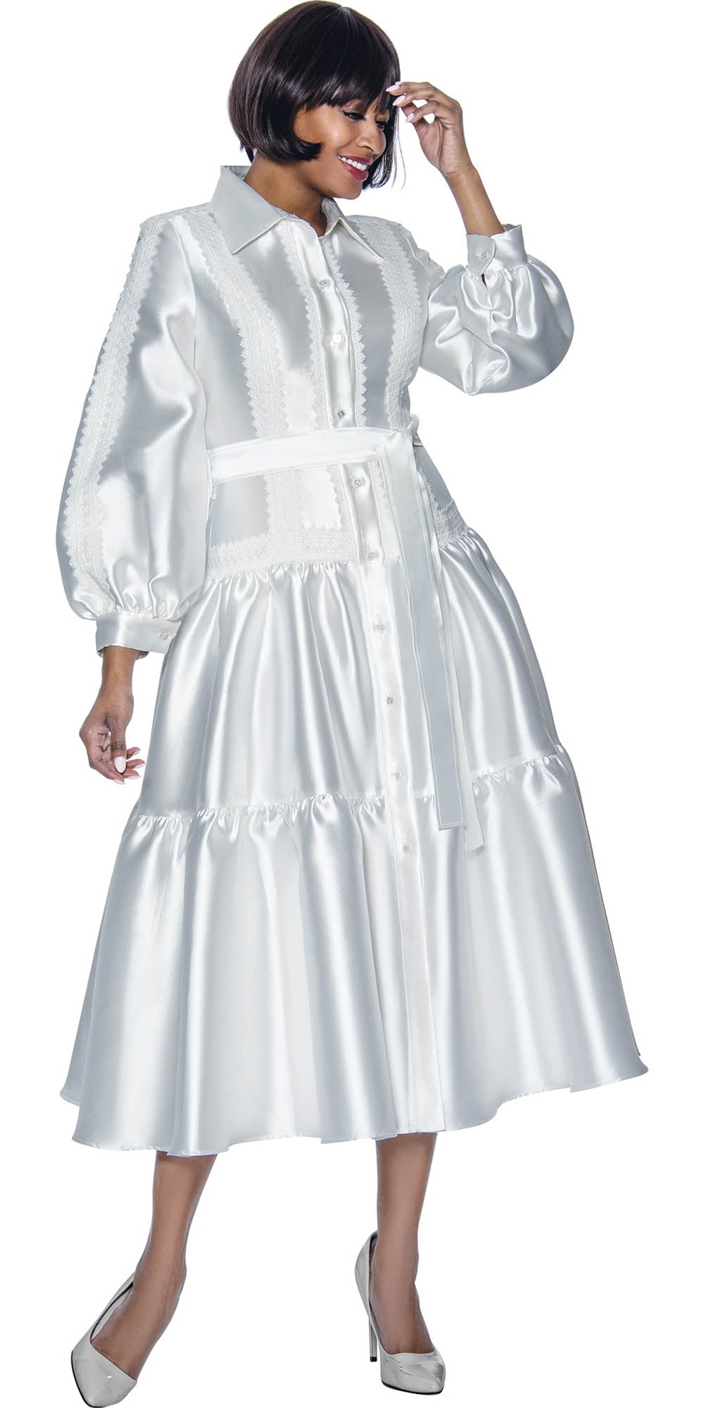 Terramina 7029 - Off-White - Silk Look Button Front Dress with Balloon Sleeves