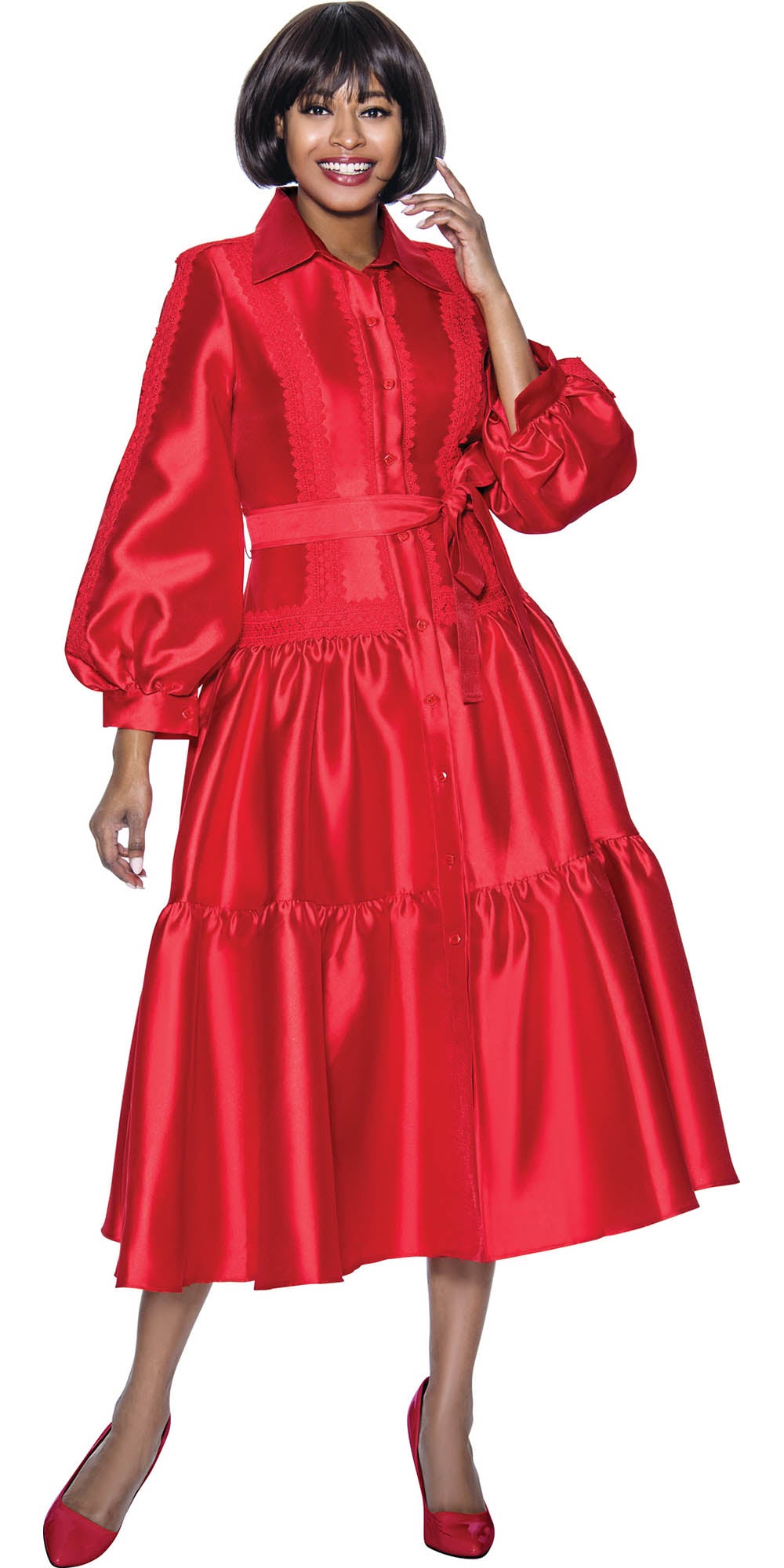 Terramina 7029 - Red - Silk Look Button Front Dress with Balloon Sleeves