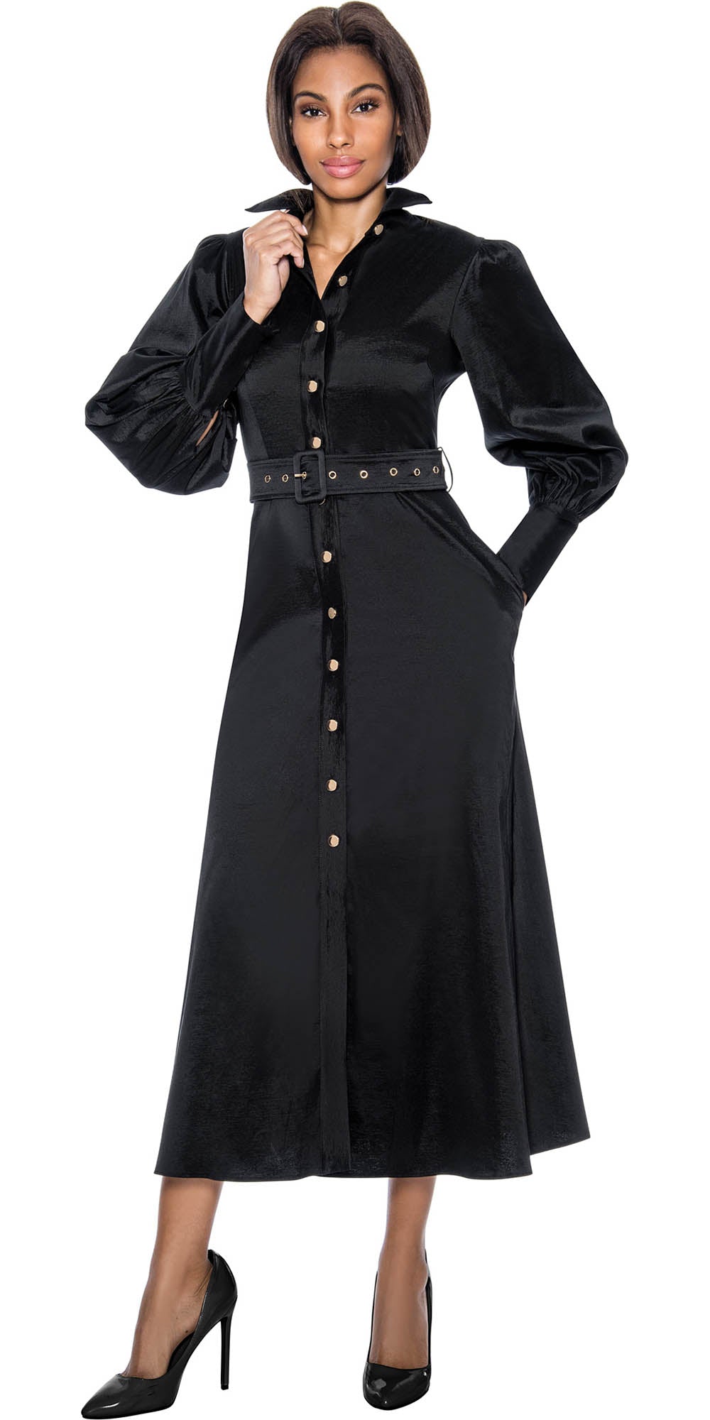Terramina 7055 - Black - Belted Dress with Lantern Sleeves