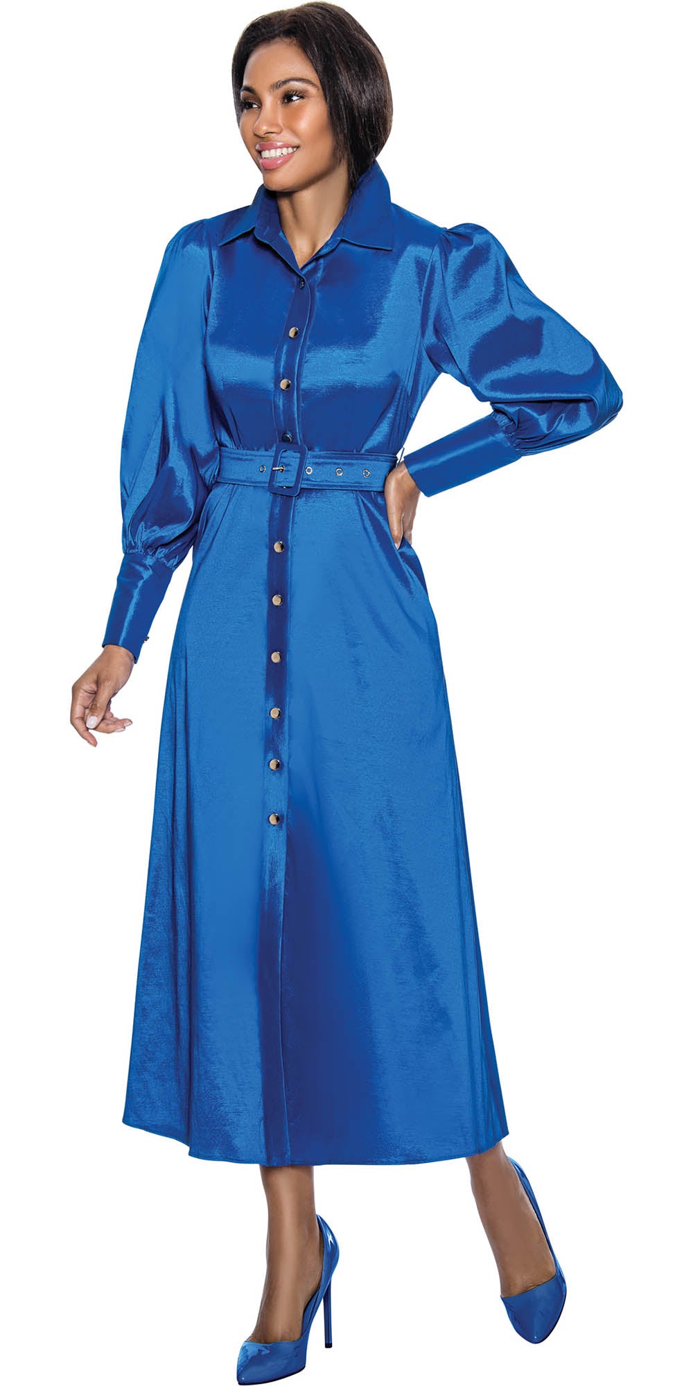 Terramina 7055 - Royal - Belted Dress with Lantern Sleeves