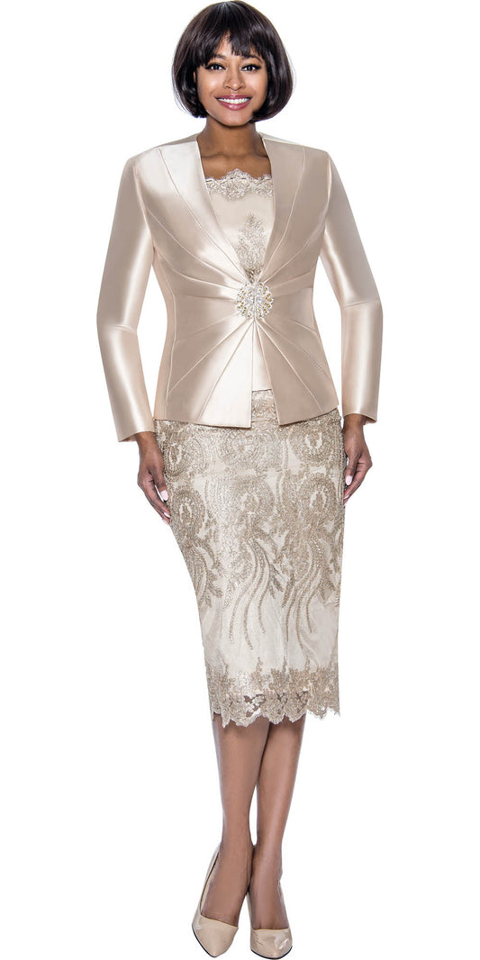 Terramina 7817 - 3PC Champagne Silk Look Womens Church Suit With Lace Detailed Skirt And Camisole