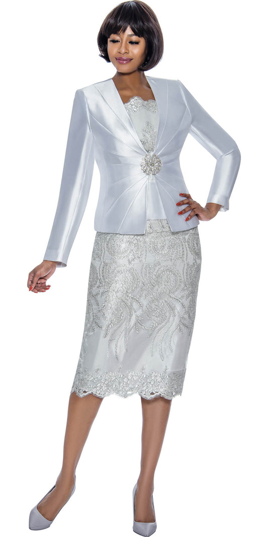 Terramina 7817 - White - Silk Look Womens Church Suit With Lace Detailed Skirt And Camisole