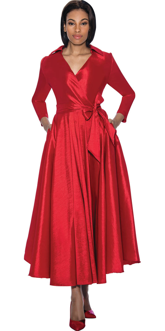 Terramina 7869 - Red - Silk Look Dress With Sash Belt