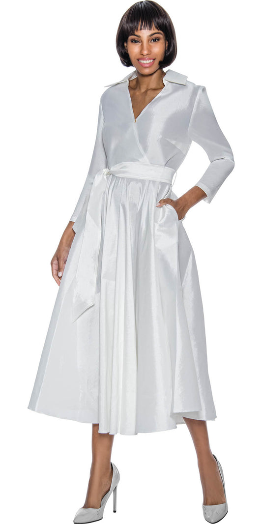 Terramina 7869 - Off White - Silk Look Dress With Sash Belt